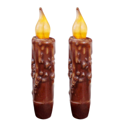 CVHOMEDECO. Real Wax Hand Dipped Battery Operated LED Timer Taper Candles Country Primitive Flameless Lights Décor, 4-3/4 Inch, Coffee, 2 PCS in a Package