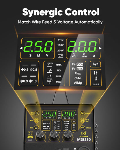 H HZXVOGEN MIG Welder, 250Amp 6 in 1 Gas MIG/Flux Core MIG/Stick/Lift TIG/Spot welding/Spool Gun 110V/220V Aluminum Multi Process Professional Welding Machine with LED Digital Display, 2T/4T