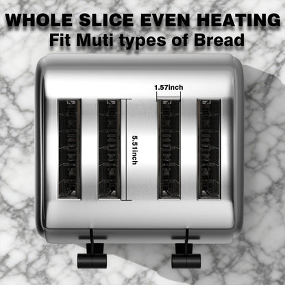 PYY 4 Slice Toaster - 1800W Stainless Steel Heavy Duty Toaster