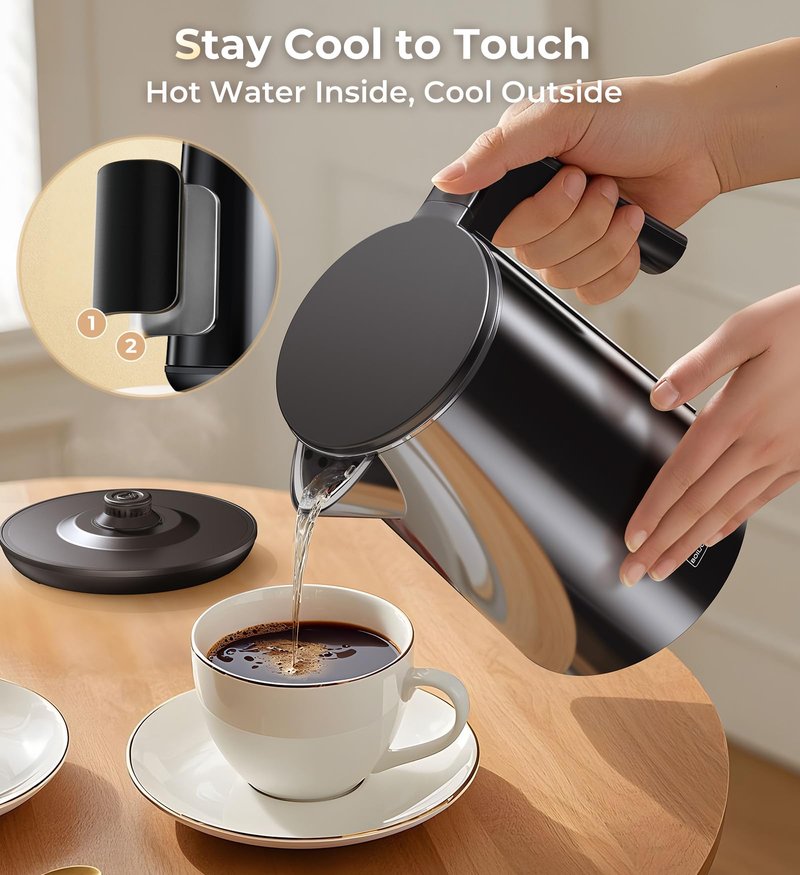 Electric Kettle 1.0L 1200W, 7 Temp Settings, 4H Keep-Warm, Fast-Boil Stainless Steel Electric Tea Kettle, 120V Water Boiler with Auto-Shut Off, Cool Touch PP Exterior for Home Office, Black