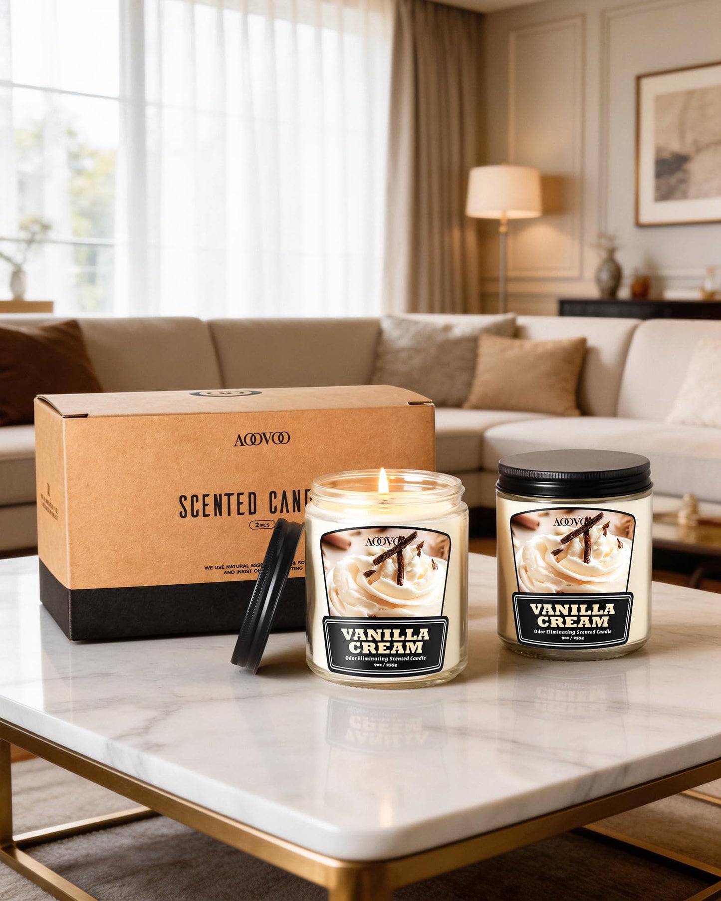 AOOVOO Vanilla Cream 2 Pack Odor Eliminating Candle - Up to 100 Hours Burn time, Eliminates 95% of Pet, Smoke, Food, and Other Smells Quickly, 18 oz Non Toxic Highly Fragranced Air Freshing Soy Candle