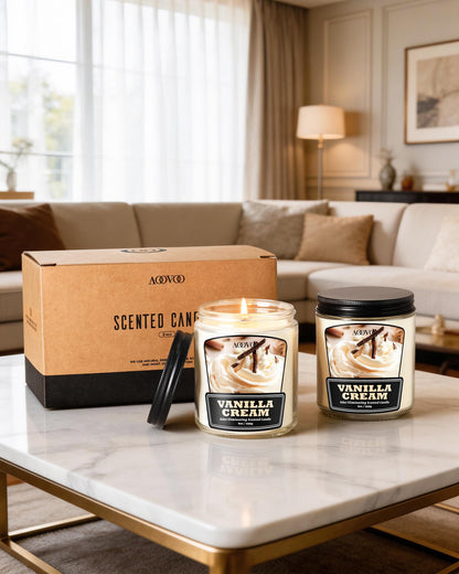 AOOVOO Vanilla Cream 2 Pack Odor Eliminating Candle - Up to 100 Hours Burn time, Eliminates 95% of Pet, Smoke, Food, and Other Smells Quickly, 18 oz Non Toxic Highly Fragranced Air Freshing Soy Candle