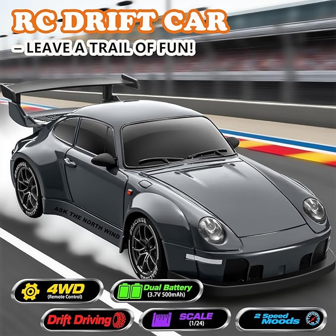 RC Drift Car 1:24 Scale Remote Control Vehicle with LED LightsDrifting Tires＆Two Batteries Racing Sports Toy Idea Gift for Adults Boys Girls and Kids