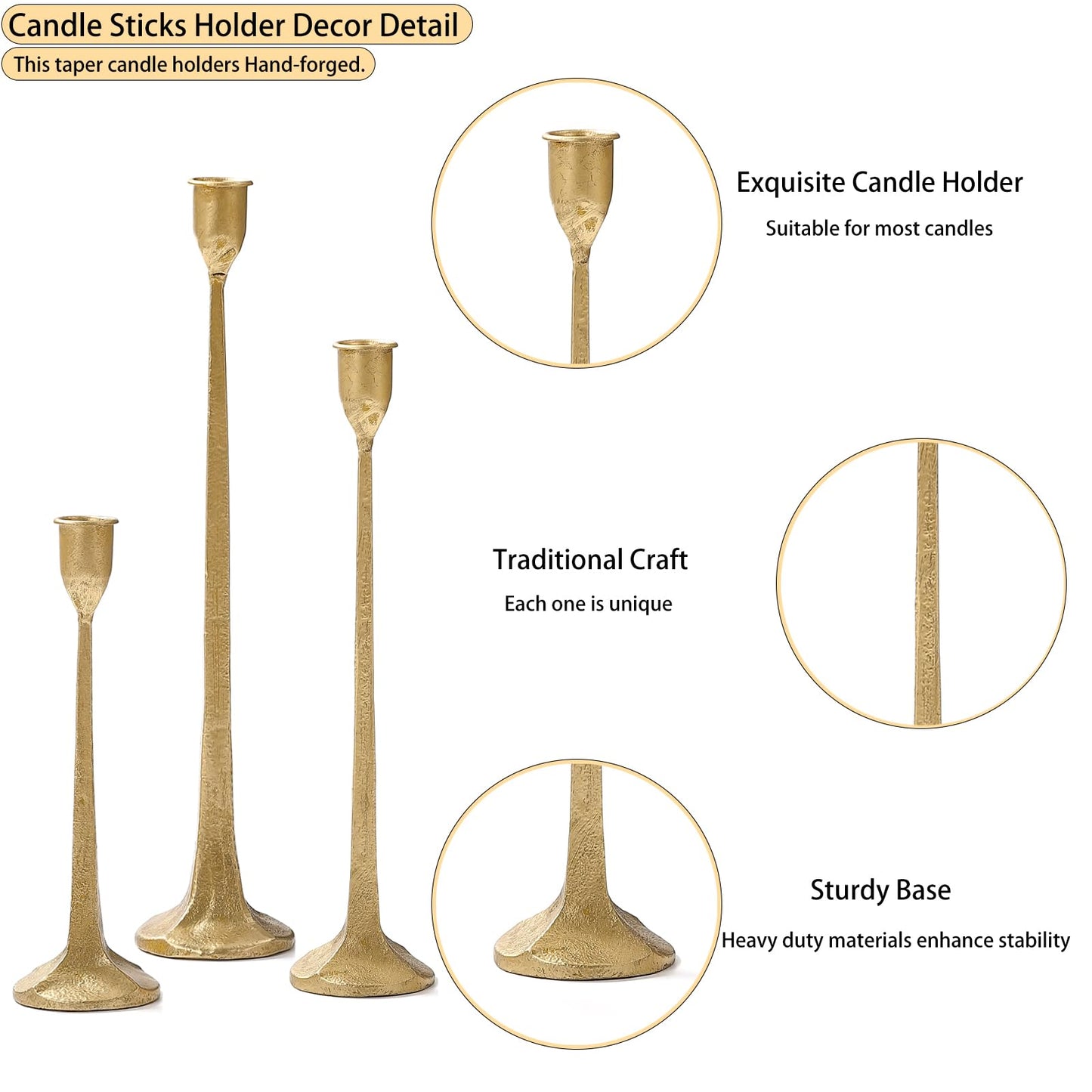 Gold Taper Candle Holders Set of 3, Heavy Candlestick Holders Decorative Candle Stand for Table Centerpiece, Cast Iron Candle Stick Holder Decor