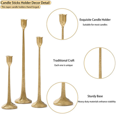 Gold Taper Candle Holders Set of 3, Heavy Candlestick Holders Decorative Candle Stand for Table Centerpiece, Cast Iron Candle Stick Holder Decor