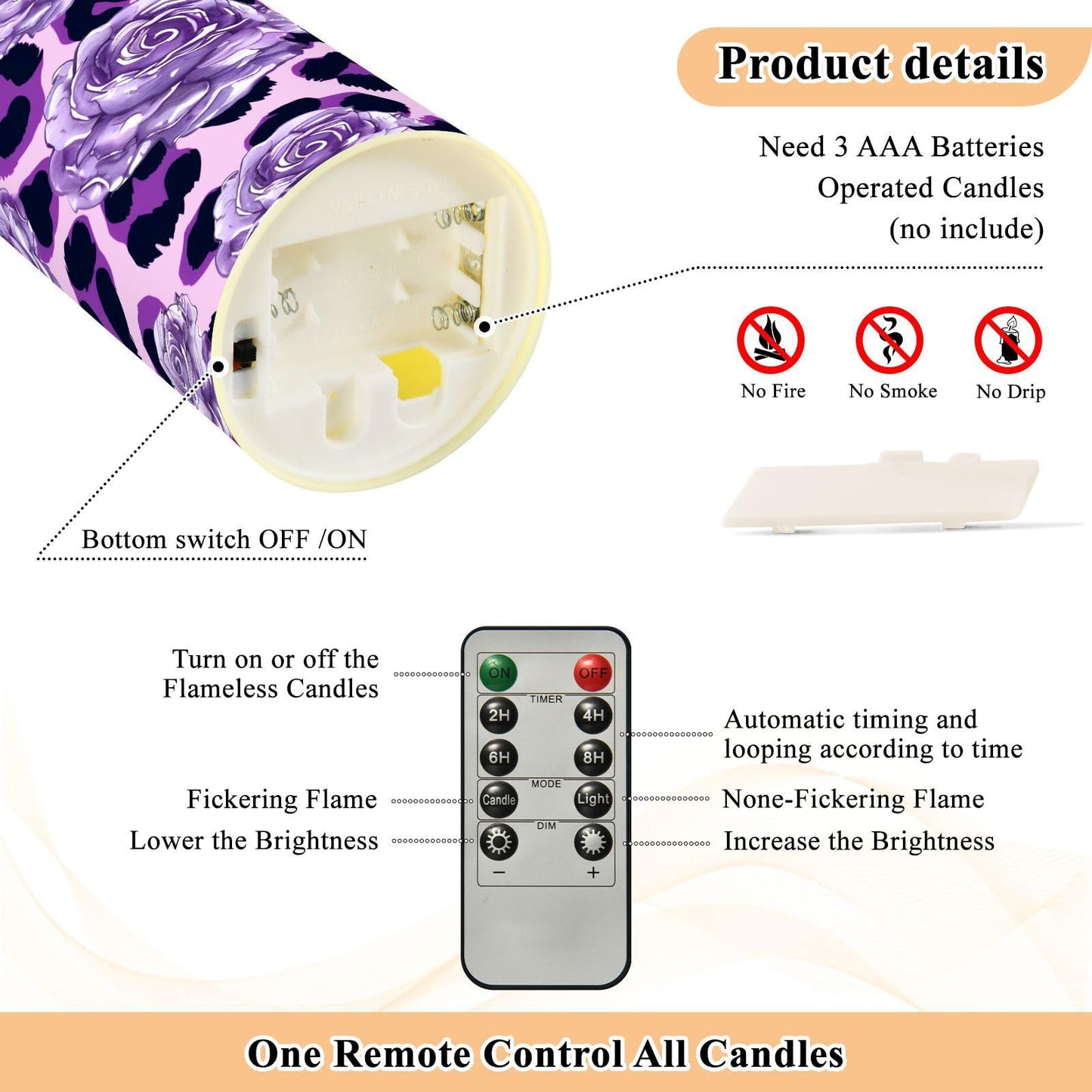 ALAZA Purple Leopard Print Rose Pattern Flickering Flameless Candles Battery Operated with Remote Timer,Tea Light Candles LED Pillar Votive Set of 2 for Outdoor Indoor Decorations 3" x3.9"