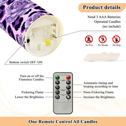 ALAZA Purple Leopard Print Rose Pattern Flickering Flameless Candles Battery Operated with Remote Timer,Tea Light Candles LED Pillar Votive Set of 2 for Outdoor Indoor Decorations 3" x3.9"