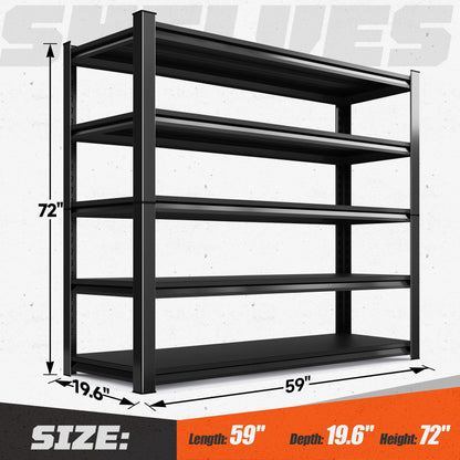 LLIIFFEE Garage Shelving, 5-Tier Garage Storage Shelves, 2000LBS Heavy Duty Shelves, 72" H x 59" W x 19.6" D Metal Shelving Unit, Utility Adjustable Storage Shelf for Warehouse, Basement, Closet