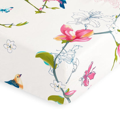 Wake In Cloud - Floral Bed Sheets, 100% Cotton, 4-Piece Sheet Set, Bird Patterned Printed Botanical Boho Flower Aesthetic Bedding, Deep Pocket, Pink Beige, King Size