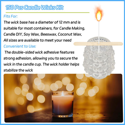 150 Pcs Candle Wicks Kit, Pre Waxed Cotton Wick with 150 Pcs Wick Stickers and 10 Pcs Candle Wick Holders for Soy Wax, Beeswax, Coconut Wax Candle Making and DIY