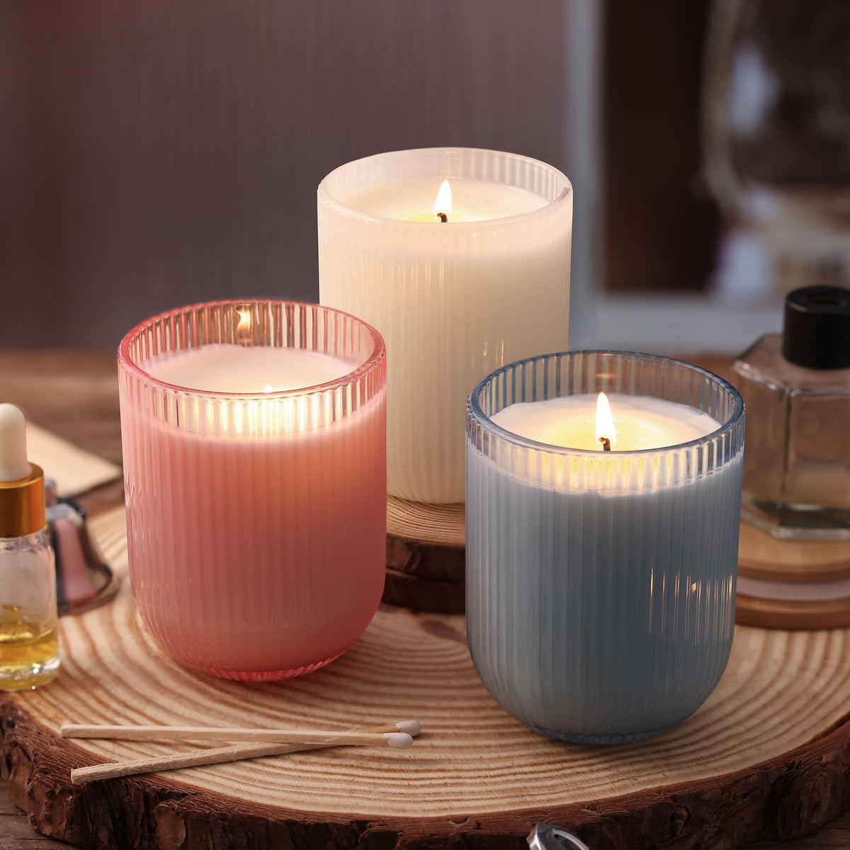 REISEN 12PCS Milky White Ribbed Candle Jars for Making Candles, 8.5 OZ Empty Glass Candle Making Jars with Bamboo Lids, Candle Wick Kit and Sticky Warning Labels, Candle Vessels for Candle Making