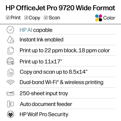HP OfficeJet Pro 9720 Wide-Format Wireless All-in-One Color Inkjet Printer, Print, scan, Copy, fax up to 11x17, ADF, Duplex Printing Best-for-Office, 3 Month Trial of Instant Ink Included (C2XF9A)