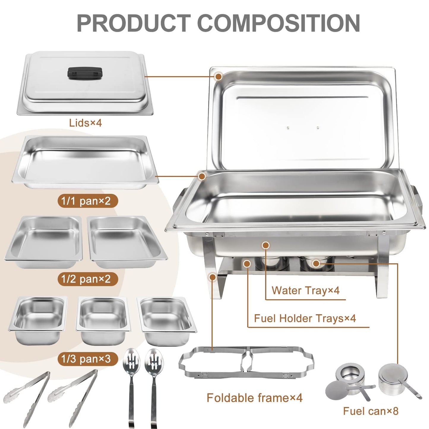 Valgus 4-Pack 8QT Stainless Steel Chafing Dish Buffet Set with 2 Full Size, 2 Half Size, 3 1/3 Size Pans Food Warmers for Parties, Buffets, Wedding, Banquet, Catering Events