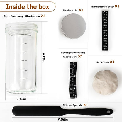 Sourdough Bread Baking Supplies,24 oz Sourdough Starter Jar Glass, Sourdough Starter Kit with Date Marked Feeding Band, Thermometer, Silicone Scraper, Sewn Cloth Cover & Aluminum Lid, Sourdough Jar