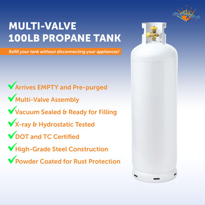 Flame King 100LB (23 Gal) Multi-Valve Propane Tank with High Capacity Filler, Great for Mixed Heating Systems, Home fireplaces, Dryers and Grills