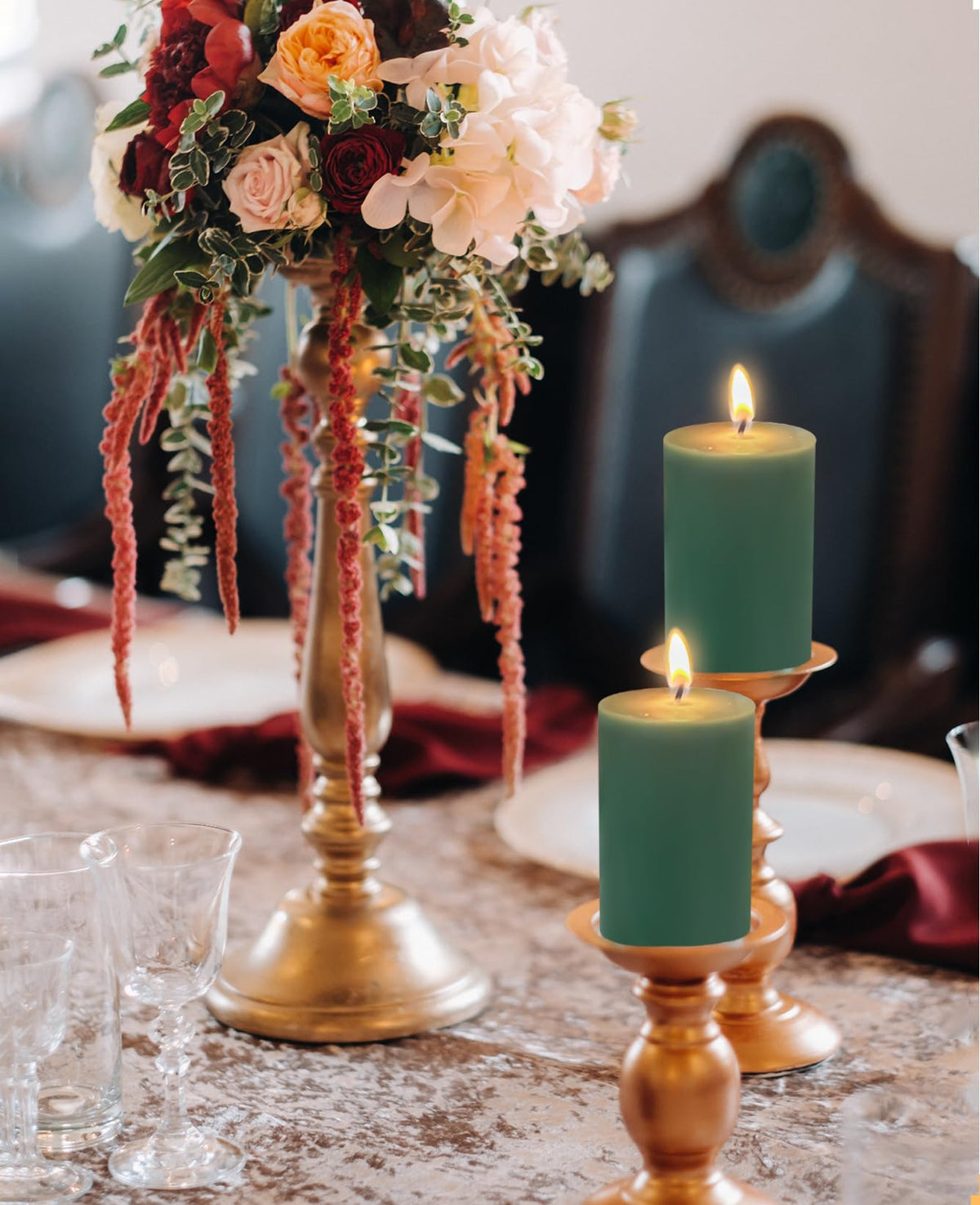 6 Pack 2x3 inch Pillar Candles, Green Unscented Votive Candle for Celebration Home Decoration, Dripless and Long Burning Time