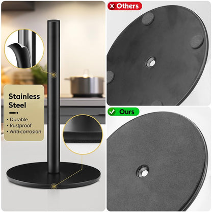 Black Paper Towel Holder, Countertop Paper Towels Holder, Premium Stainless Steel Paper Towel Holder Stand, Non-Slip Kitchen Paper Roll Holders with Weighted Base