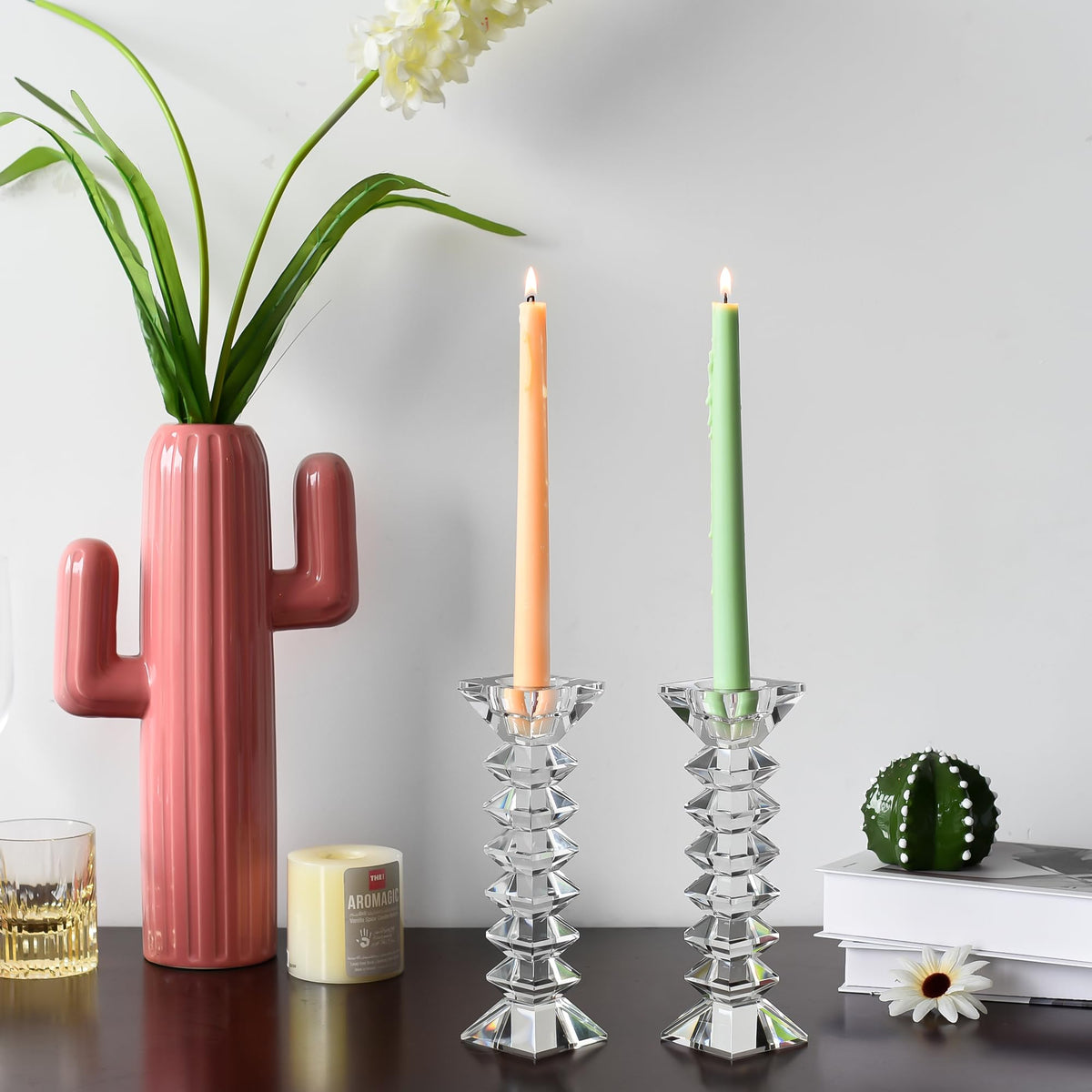 DONOUCLS Crystal Candlestick Holders 2 Pack, Clear Crystal Taper or Tealight Candles Holder, Table Centerpieces for Party Wedding Decoration(8.3in Tall)