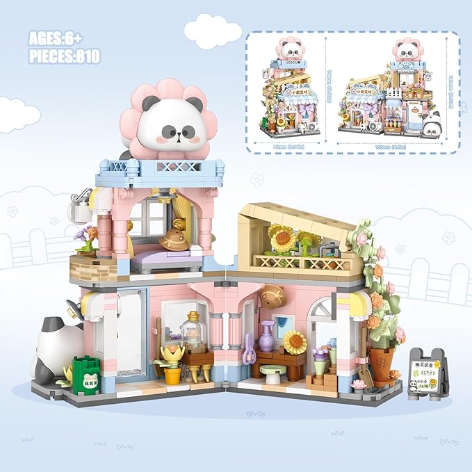 Street View Flower House Shop Mini Building Blocks MOC Creative Building Toys Cute Panda Building Set for Kids 6-12 Simulation Architecture Construction Toy Gift Idea for Kids Adults (810PCS)