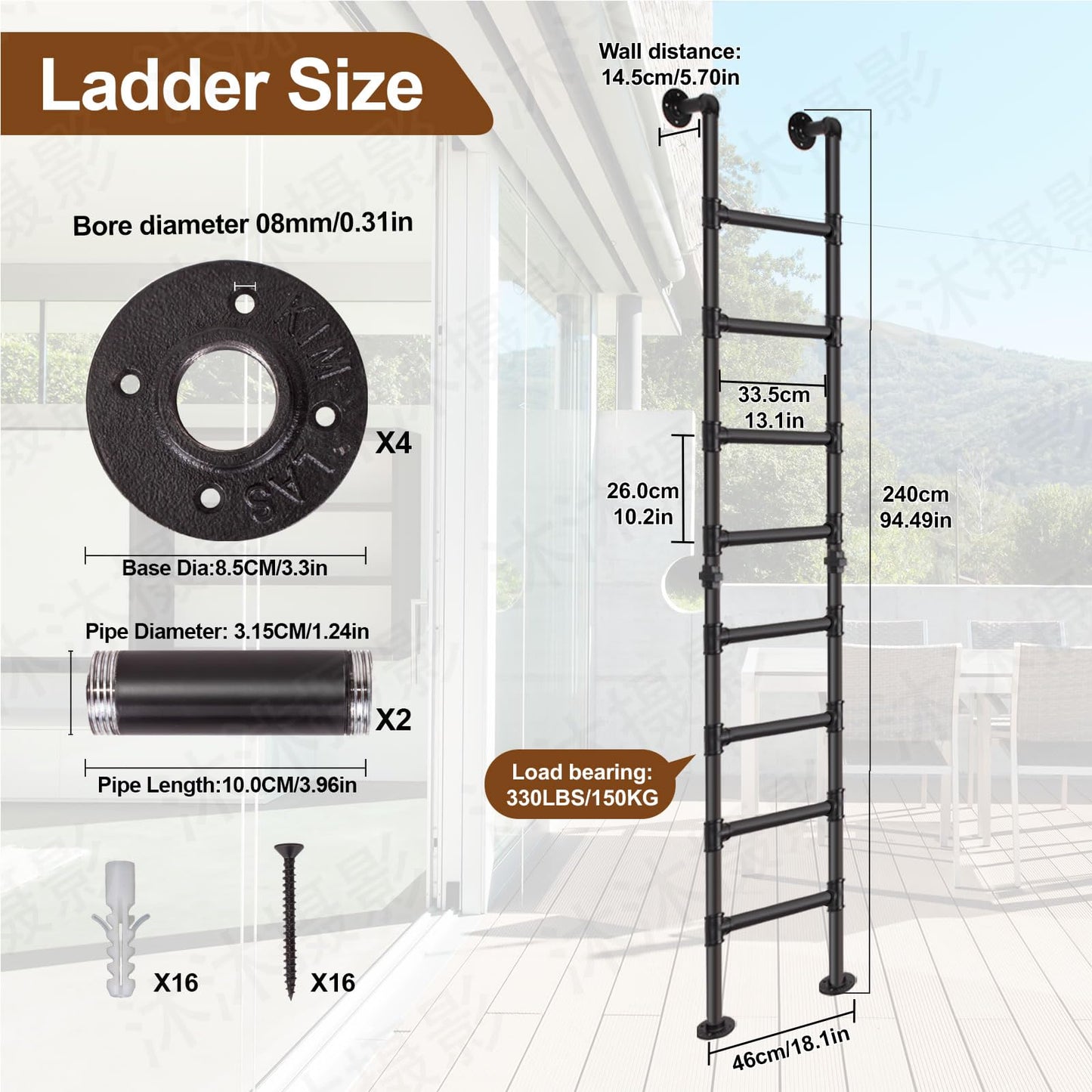 8FT/244CM Ladder for Loft, Wall-to-Floor Window Well Egress Climbing Ladder, Wrought Iron 330lbs Capacity, 8-Rung, Indoor Outdoor for Basements, Attics, Lofts, Dorms & Home