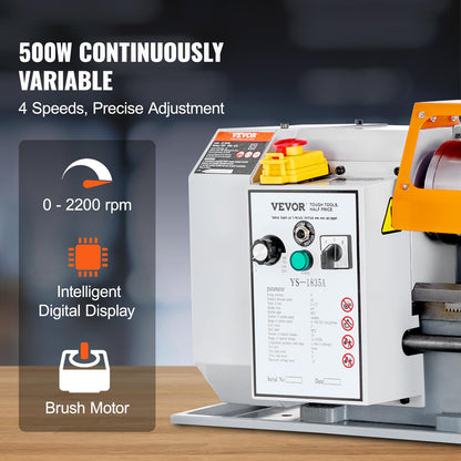 VEVOR Metal Lathe Machine, 7'' x 13.78'', Precision Benchtop Power Metal Lathe, 0-2200 RPM Continuously Variable Speed, 500W Brush Motor Metal Gears, with Tool Box for Processing Precision Parts