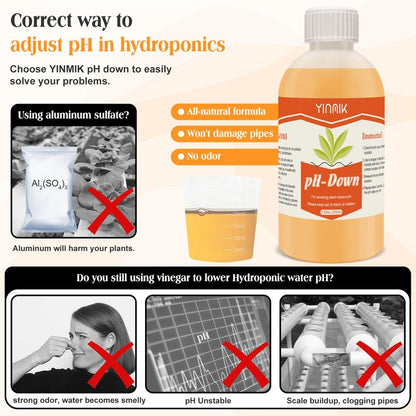 YINMIK General Hydroponics pH Down Liquid, pH Control Liquid Decreases pH Levels, 250ml Premium Buffering for pH Stability,Suitable for All Hydroponics Feeding Systems, Both for Soil and Water