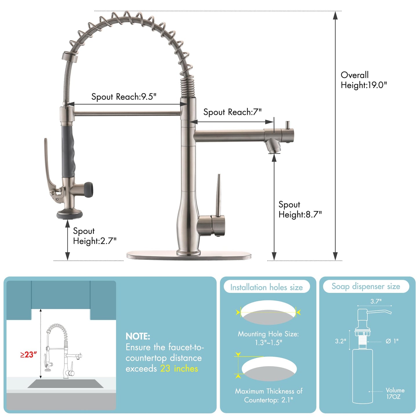 GIMILI Commercial Kitchen Faucet with Pull Down Sprayer, Double Headed Single Handle High Pressure Kitchen Faucet with Soap Dispenser Brushed Nickel