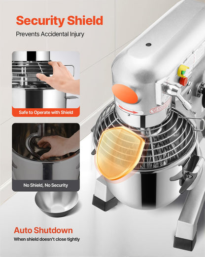 Happybuy 30Qt Commercial Food Mixer with Timing Function， Commercial Mixer 1250W Stainless Steel Bowl Heavy Duty Electric Food Mixer Commercial with 3 Speeds Adjustable, Perfect for Bakery Pizzeria
