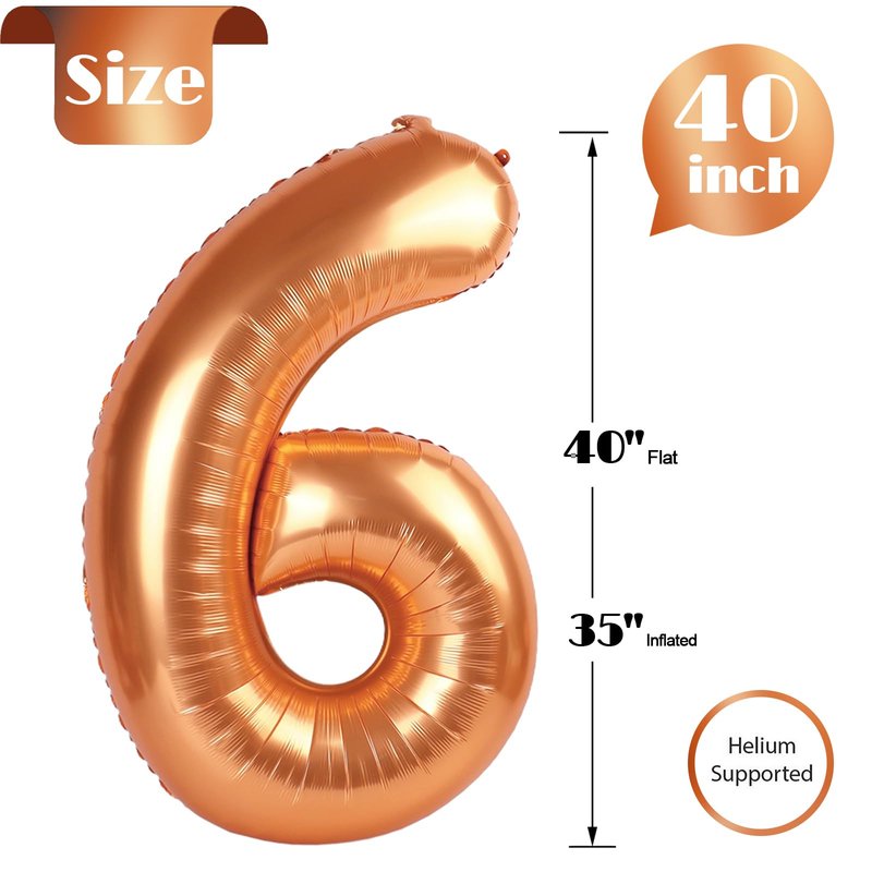 Orange Number 6 Balloon 40 Inch, 6th Birthday Party Decorations for Children, Giant 6 Foil Balloon for Party Supplies