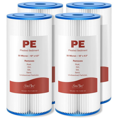 SimPure 10"x4.5" Pleated Sediment Water Filter, 50 Micron Whole House Water Filter Cartridge for Well Water Compatible with FXHSC, ECP20-BB, R50-BBSA, CB1-SED10-BB (4 Pack)