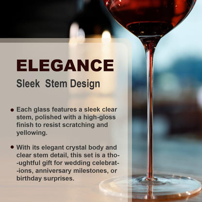 BinkMark Red Wine Glasses Set of 4 | 22oz Hand-Blown Crystal | Red Stem | Ultra-Thin Rim | For Wine Lovers, Date Nights, Anniversary Dinners | Lead-Free Certified | Gift Box