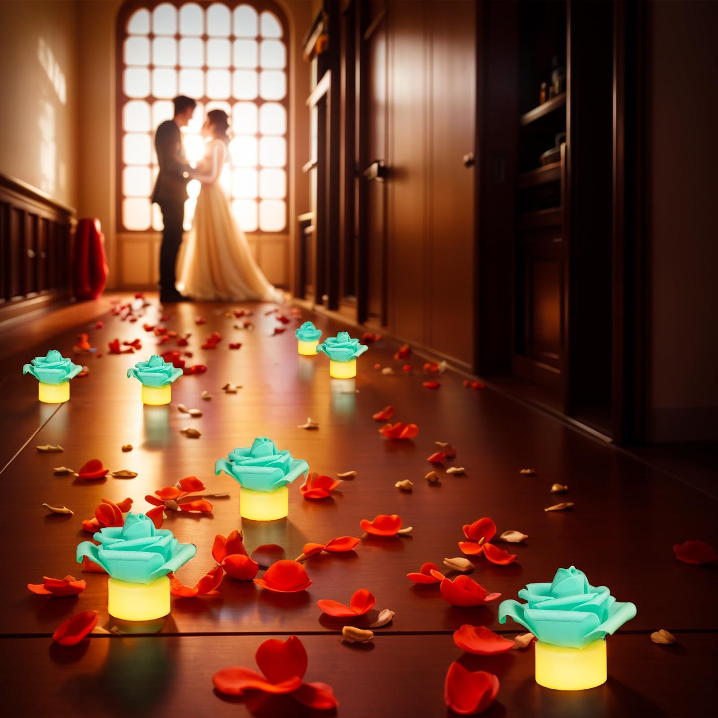 SupBri 12 Pack LED Tea Lights Candles with Artificial Rose Petals, Flameless Battery Operated Candles,Romantic Decorations Special Night Set for Valentines,Wedding Decor (Green, 12 Pack)