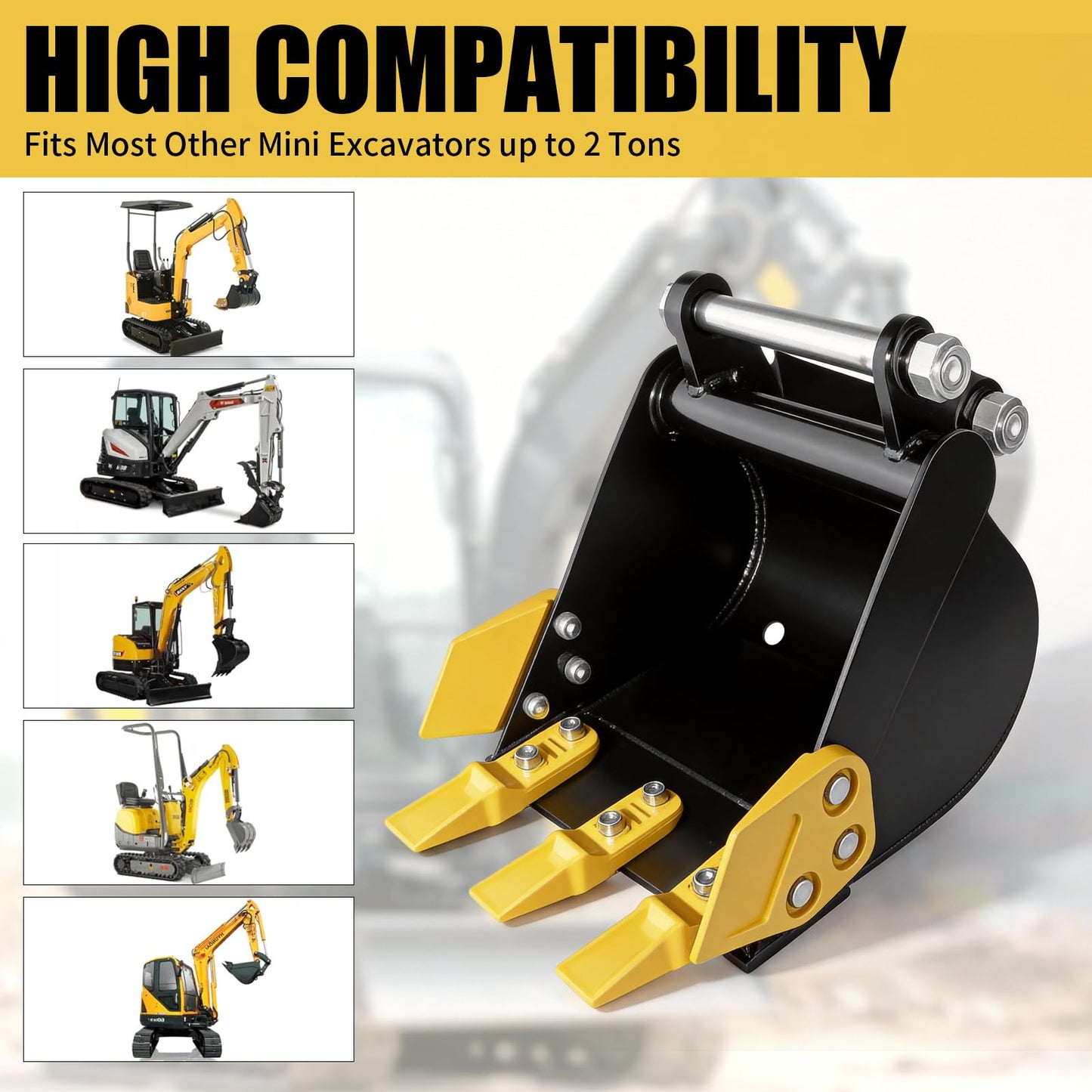 300mm Mini Excavator Bucket, 11.81in Excavator Attachments,300mm Narrow Digging Buckets with Metal Teeth Hole Diameter 0.98in, Center Wheelbase 3.54in, Metal Trenching Digger (300mm Black Yellow)