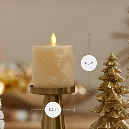 Luminara White Swan Snowflake Embossed Flameless LED Candle, 3.2" x 4.5", Moving Flame, Safe Timer Feature, Real Wax, Battery Operated Home Décor