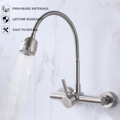 FLWUEUE Wall Mount Kitchen Sink Faucet with Sprayer 8“ Inch Center, Brushed Nickle Stainless Steel Sink Mixer Tap, Laundry Utility Faucets with Dual Functional Sprayer