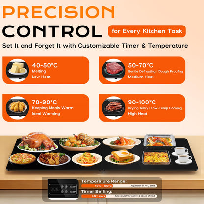 Electric Warming Mat for Food 32" x 12", Tempered Glass Top,Food Warmer Tray for Countertop, Parties Buffet,Gatherings,Adjustable 104–212°F with 1–12h Timer,Built-in Thermostat & Overheat Protection