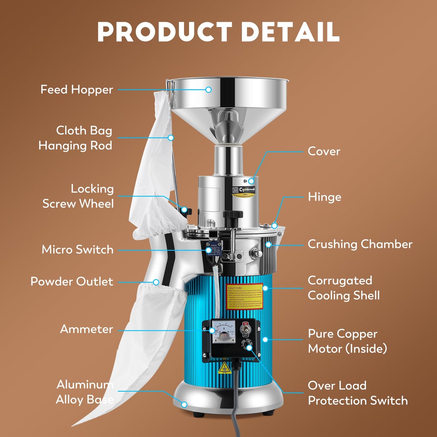 CGOLDENWALL Hammer Mill Grinder, 2000W Commercial Electric Herb Grinder, 44 Lbs/H, Continuous Feeding, with Funnel & 6 Sieve Meshes, Pulverizer for Dry Herb Grain Spice Nutmeg,110V