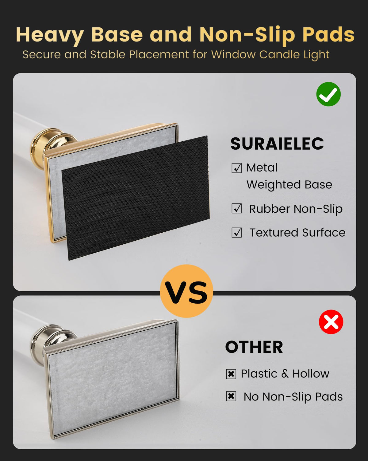 SURAIELEC 4 Pack Battery Operated Window Candles with Timer, Window Candle Lights with Removable Candle Holders, LED Christmas Candles for Christmas Windows, Mantel, Dining Table, Gloss Gold