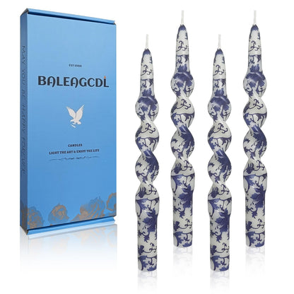 Unscented Floral Taper Candle Spiral Candlesticks - Set of 4 Blue and White Handmade Twisted Candle 10 Inch Long Print Tapered Candles for Home Wedding Dinner