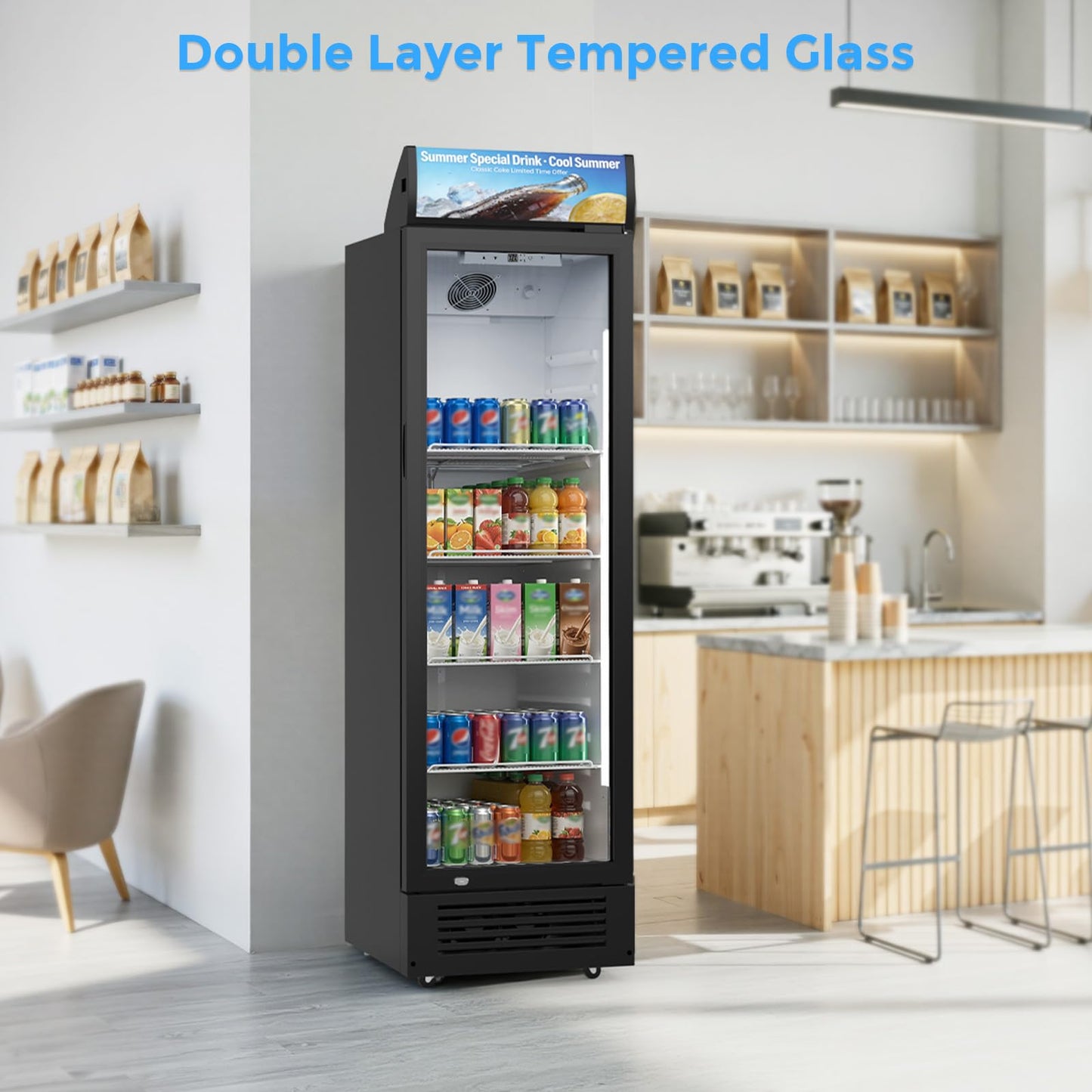 Electactic 9 Cu.Ft Commercial Refrigerators, Display Refrigerator with Double-Tempered Glass Door, Commercial Display Fridge with 4 Adjustable Shelves & LED Light, for Shops, Restaurants, Bars