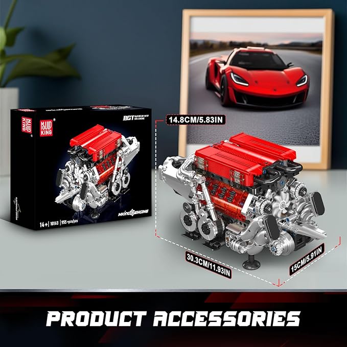 Mould King W16 Engine Model Kits - Build Your Own Supercar Engine Toy MOC Engineering Building Blocks Set That Run Twin V8 Engine Building Kits with Motor STEM Toy for Teen Adult(955 Pieces)