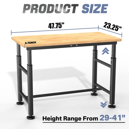 WALMANN Heavy Duty Adjustable Height Workbench 47.75" x 23.25", Rubber Wood Top Work Table for Garage, Workshop, 2000 lbs Load Capacity