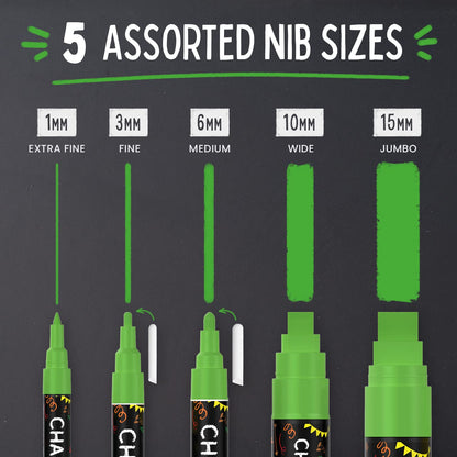 5 Green Chalkboard Chalk Pens - Green Dry Erase Markers for Blackboard, Chalkboard Signs, Windows, Glass | Variety Pack - Fine & Jumbo Size Ink Pen (1mm, 3mm, 6mm, 10mm, 15mm)
