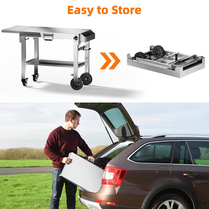 Electactic Food Grade 304 Stainless Steel BBQ Grill Carts fits 22'' Tabletop Griddle, Outdoor grill Table with 4 Foldable Legs, Portable Grill Stand for RV, Camping, Tailgating