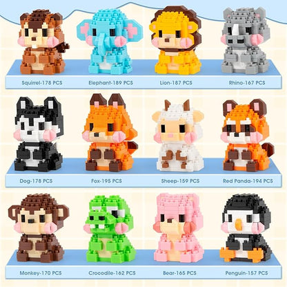 HIGH GODO Animal Party Favors Building Blocks 12 Pack Mini Animals Building Set Goodie Bag Stuffers Classroom Small Prize Toys Gifts for Adults Teens Age 14+