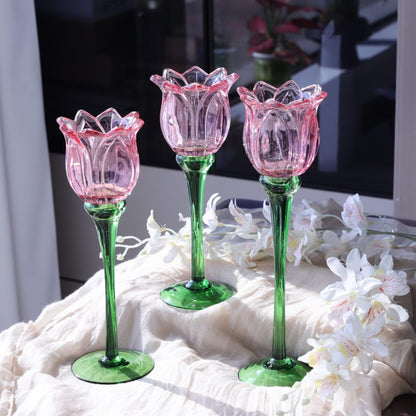 VOHO Pink Tulips Candle Holder, Romantic Pink Flower Votive Candle Holders for Wedding Bridal Shower Decorations, Tall Tealight Candle Holder Decor for Centerpiece Table(Set of3)