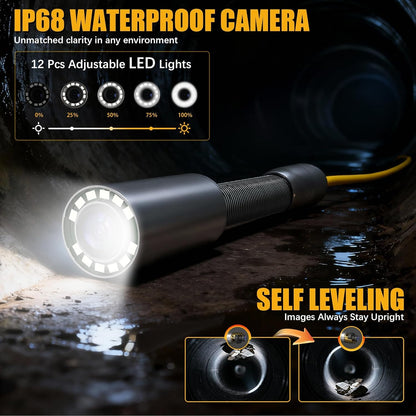 Sewer Camera, 9" HD Industrial Borescope Drain Camera with Self-Leveling, IP68 Video Endoscope Pipe Inspection Cameras, 100Ft(30M) 5MM Thicker Cable with Meter Marking, 5X Zoom, DVR, 32GB