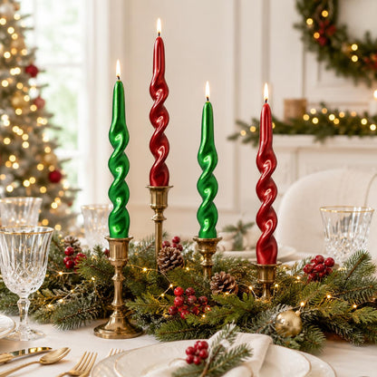 Metal Red Green Spiral Taper Candles Set of 4, 10 Inch Handmade Candle Stick, Unscented Twisted Candles, Tapered Candles for Wedding Christmas Home Decor