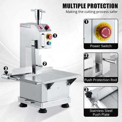 850w Commercial Electric Meat Bandsaw, Stainless Steel Countertop Bone Sawing Machine with 19.1 x 14.2 In Workbench, 4 Inch Max Cutting Thickness Frozen Meat Cutter for Rib Pork Beef