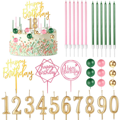 Yerliker 34 Pcs Happy Birthday Cake Toppers Decorations Birthday Candles DIY Cake Decor for Men Women Wedding Anniversary(Gold Green Pink)